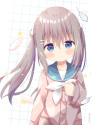 Rule 34 | 1girl, blue sailor collar, blush, brown cardigan, brown hair, cardigan, closed mouth, commentary request, feathers, floating hair, hair between eyes, hair bobbles, hair ornament, hand up, highres, long hair, long sleeves, looking at viewer, nakkar, original, puffy long sleeves, puffy sleeves, sailor collar, school uniform, serafuku, sleeves past wrists, smile, solo, twintails, very long hair, white background, white feathers, white neckwear
