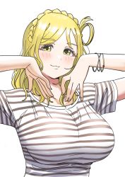 Rule 34 | 1girl, :3, absurdres, blonde hair, blush, bracelet, braid, breasts, closed mouth, crown braid, dunchy, grey shirt, hands up, highres, jewelry, large breasts, looking at viewer, love live!, love live! sunshine!!, medium hair, ohara mari, shirt, short sleeves, simple background, single hair ring, smile, smug, solo, striped clothes, striped shirt, upper body, white background, yellow eyes