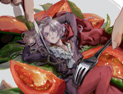 Rule 34 | 1girl, arms up, capelet, commentary request, edelgard von hresvelg, fire emblem, fire emblem: three houses, food, fork, giant, grey hair, highres, holding, holding fork, holding knife, knee up, knife, long hair, looking at viewer, looking to the side, lying, mini person, nintendo, on back, pantyhose, parted bangs, parted lips, plate, purple eyes, red capelet, red pantyhose, shadow, solo, solo focus, user ftss3845