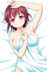 Rule 34 | 1girl, arm up, armpits, bed sheet, blush, breasts, collarbone, female focus, frown, highres, large breasts, looking at viewer, lying, matsunaga kouyou, naked sheet, on back, original, red eyes, red hair, short hair, solo, upper body