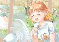 Rule 34 | 1girl, artist name, artist request, blush, bow, braid, breasts, collarbone, electric fan, closed eyes, female focus, floating hair, hair bow, highres, indoors, looking at viewer, love live!, love live! sunshine!!, orange hair, orange print, parted lips, shirt, short hair, short sleeves, side braid, single braid, small breasts, smile, solo, sweatdrop, takami chika, upper body, white shirt, window, yellow bow