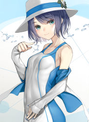 Rule 34 | 1girl, bare shoulders, blue eyes, blue hair, blue nails, blush, breasts, covered navel, dress, hat, highres, japanese clothes, looking at viewer, medium breasts, nail polish, nyatabe, off shoulder, pointy ears, short hair, sleeveless, sleeveless dress, sleeves past wrists, small breasts, smile, solo, suntory, suntory nomu, virtual youtuber, water