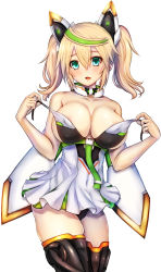 Rule 34 | 1girl, aqua eyes, bare shoulders, blonde hair, blush, breasts, choker, collarbone, covered erect nipples, cowboy shot, fang, gene (pso2), green hair, hair between eyes, harukaze bou, head tilt, highres, large breasts, long hair, multicolored hair, open mouth, phantasy star, phantasy star online 2, pleated skirt, skindentation, skirt, solo, streaked hair, twintails, two-tone hair
