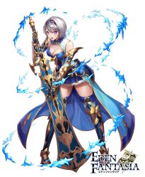 Rule 34 | 1girl, blue skirt, boots, box (hotpppink), breasts, cleavage, commentary request, eden fantasia, full body, greatsword, grey hair, headband, ice, medium breasts, official art, open mouth, oscar (eden fantasia), purple eyes, short hair, skirt, smile, solo, swept bangs, sword, thigh boots, weapon