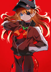 Rule 34 | 1girl, absurdres, black hat, closed mouth, cowboy shot, evangelion: 3.0 you can (not) redo, eyepatch, hand in pocket, hand up, hat, high collar, highres, jacket, long hair, long sleeves, looking at viewer, neon genesis evangelion, open clothes, open jacket, pension z, plugsuit, rebuild of evangelion, red background, solo, souryuu asuka langley, standing