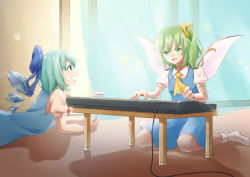 Rule 34 | 2girls, ascot, blue dress, blue eyes, blue hair, bow, cirno, commentary request, curtains, daiyousei, dress, fairy wings, glass door, green eyes, green hair, hair bow, hair ribbon, indoors, instrument, keyboard (instrument), light particles, looking at another, looking down, lying, multiple girls, music, on floor, on stomach, open door, open mouth, pinafore dress, pita (pitaani-223), playing instrument, power cord, profile, puffy short sleeves, puffy sleeves, red ascot, ribbon, shadow, shirt, short hair, short sleeves, side ponytail, sitting, sleeveless dress, sliding doors, socks, table, touhou, wariza, white legwear, white shirt, wind, wings, yellow ascot
