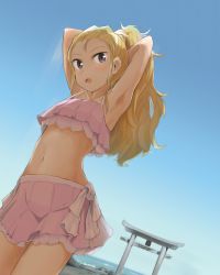 Rule 34 | 10s, 1girl, adjusting hair, armpits, arms behind head, arms up, assam (girls und panzer), bikini, bikini skirt, blonde hair, blue eyes, blue sky, clear sky, commentary request, cowboy shot, day, dutch angle, girls und panzer, hair pulled back, layered bikini, light smile, long hair, looking at viewer, navel, ocean, open mouth, outdoors, pink bikini, shuiro (frog-16), sky, solo, standing, stomach, swimsuit, torii