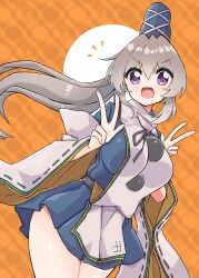 Rule 34 | 1girl, absurdres, blue dress, blue hat, breasts, commentary request, cowboy shot, detached sleeves, double v, dress, grey hair, gurajio, hat, highres, large breasts, long hair, looking at viewer, mononobe no futo, open mouth, orange background, pom pom (clothes), purple eyes, ribbon-trimmed sleeves, ribbon trim, short dress, solo, tate eboshi, thighs, touhou, v, v-shaped eyebrows