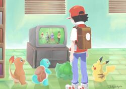 Rule 34 | 1boy, absurdres, arms at sides, backpack, bag, black hair, blue eyes, bookshelf, brown bag, brown eyes, bulbasaur, charmander, creatures (company), denim, facing away, flame-tipped tail, game freak, gen 1 pokemon, highres, indoors, jeans, male focus, mocha fushigi, nintendo, pants, pikachu, pokemon, pokemon (creature), pokemon rgby, railroad tracks, red (pokemon), signature, squirtle, stand by me, starter pokemon trio, television, tile floor, tiles, watching television, white footwear, window blinds