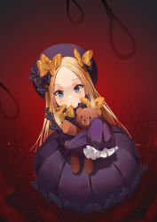 Rule 34 | 1girl, abigail williams (fate), black bow, black dress, black hat, blonde hair, blue eyes, blush, bow, bug, butterfly, closed mouth, commentary request, dress, fate/grand order, fate (series), forehead, hair bow, hat, hugging object, insect, long hair, long sleeves, looking at viewer, noose, orange bow, parted bangs, polka dot, polka dot bow, red background, sleeves past wrists, smile (mm-l), solo, stuffed animal, stuffed toy, teddy bear, very long hair