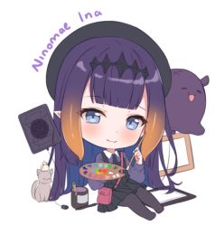 Rule 34 | 1girl, animal, ao-chan (ninomae ina&#039;nis), beret, big head, bird, black dress, black headwear, blue eyes, cat, character name, charging device, chibi, chick, commentary, drawing tablet, dress, english commentary, english text, fang, hair ornament, hat, headpiece, hitsukuya, holding, holding paintbrush, holding palette, hololive, hololive english, long hair, looking at viewer, ninomae ina&#039;nis, ninomae ina&#039;nis (casual), official alternate costume, orange hair, paint can, paintbrush, palette (object), pantyhose, pink bag, pointy ears, purple hair, purple pantyhose, purple shirt, shirt, simple background, sitting, skin fang, smile, stylus, tablet pc, takodachi (ninomae ina&#039;nis), tentacle hair, virtual youtuber, white background