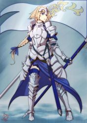 Rule 34 | 1girl, armor, armored dress, bad id, bad pixiv id, blonde hair, blue eyes, braid, capelet, chain, fate/apocrypha, fate/grand order, fate (series), faulds, flag, full armor, full body, gauntlets, headpiece, jeanne d&#039;arc (fate), jeanne d&#039;arc (ruler) (fate), long hair, single braid, solo, sword, thealagator, weapon