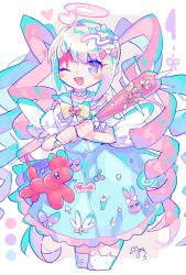 Rule 34 | 1girl, balloon animal, baseball bat, bleeding from forehead, blonde hair, blood, blood on face, blue bow, blue choker, blue eyes, blue hair, blue sailor collar, blue skirt, blush stickers, bow, cherry, choker, chouzetsusaikawa tenshi-chan, collared shirt, cowboy shot, cropped legs, drill hair, food, frilled skirt, frills, fruit, hair bow, halo, hands up, heart, heart in eye, highres, holding, holding baseball bat, long hair, looking at viewer, multicolored hair, nail, nail bat, needy girl overdose, official alternate costume, one eye closed, open mouth, pien cat (needy girl overdose), pill, pink bow, pink hair, pink halo, purple bow, quad tails, sailor collar, shirt, signature, skirt, smile, solo, standing, sushiuma m, symbol in eye, thighhighs, white shirt, white thighhighs