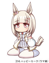 animal_ears blush character_name chibi chibi_only copyright_name full_body gloves hair_ornament hairclip happy_meek_(umamusume) highres horse_ears horse_girl jacket jikkyou_powerful_pro_yakyuu jikkyou_powerful_pro_yakyuu_(style) no_mouth orange_eyes rayman_limbs shiroi_tansu simple_background skirt tail umamusume white_background white_gloves white_hair