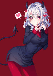 Rule 34 | 1girl, absurdres, black horns, black suit, blush, breasts, commentary, demon girl, demon horns, demon tail, formal, frown, heart, heart-shaped pupils, helltaker, highres, horns, large breasts, long sleeves, looking at viewer, modeus (helltaker), pantyhose, red background, red eyes, red pantyhose, red sweater, ribbed sweater, simple background, sleeves past wrists, solo, suit, sweater, symbol-shaped pupils, tail, tess (88884), turtleneck, white hair