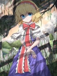 Rule 34 | 1girl, alice margatroid, blonde hair, blue dress, blue eyes, branch, broken glass, capelet, cloud, commentary request, cowboy shot, crossed arms, day, dress, expressionless, glass, hair between eyes, hairband, head tilt, kayon (touzoku), lolita hairband, looking at viewer, mountain, outdoors, plant, puppet rings, red neckwear, red sky, ring, ruins, sash, shaded face, shadow, short hair, sky, solo, standing, touhou, vines, white capelet
