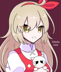 Rule 34 | 1boy, 1girl, animal, blonde hair, bow, breasts, brown background, buttons, cat, ellen (touhou), hair bow, hairband, happy, holding, holding animal, holding cat, kumeri0804, long hair, open mouth, red bow, red hair, red vest, shirt, short hair, simple background, small breasts, sokrates (touhou), touhou, touhou (pc-98), turtleneck, upper body, vest, white cat, white shirt, yellow eyes
