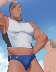 Rule 34 | 2boys, absurdres, armpit hair, armpits, bara, black eyes, black hair, blue male swimwear, blue swim briefs, blush, cowboy shot, crop top, day, highres, large pectorals, looking at another, looking to the side, male focus, male swimwear, manly, mature male, midriff, midriff peek, multiple boys, muscular, muscular male, nipples, original, otototo, pectorals, short hair, sky, spiked hair, sweat, sweatdrop, swim briefs, swim cap, swimsuit, tan, thick arms, thick eyebrows, tight clothes