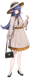 Rule 34 | 1girl, absurdres, bag, black bow, black footwear, black nails, blue eyes, blue hair, bow, breasts, brown skirt, closed mouth, commentary request, full body, grey headwear, grey jacket, hand up, handbag, highres, holding, holding bag, jacket, long hair, long sleeves, looking at viewer, medium breasts, mole, mole under eye, nail polish, ori (momonimo), original, pleated skirt, polka dot, polka dot bow, shoes, simple background, skirt, sleeves past wrists, smile, solo, standing, unmoving pattern, very long hair, white background