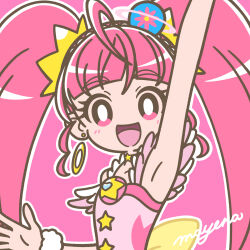 Rule 34 | 1girl, :d, ahoge, arm up, blunt bangs, choker, cure star, dress, earrings, fur cuffs, hair ornament, highres, hoop earrings, hoshina hikaru, jewelry, long hair, looking at viewer, magical girl, mayena, open mouth, pink background, pink dress, pink eyes, pink hair, pink theme, planet hair ornament, precure, signature, simple background, smile, solo, star (symbol), star choker, twintails, upper body, very long hair, wrist cuffs