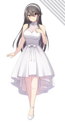 Rule 34 | 1girl, akahi242, alternate costume, black hair, brown eyes, commentary request, detached collar, dress, full body, hairband, haruna (kancolle), high heels, highres, kantai collection, long hair, off-shoulder dress, off shoulder, solo, white background, white dress, white footwear, white hairband