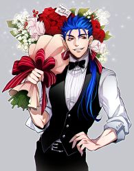 Rule 34 | 1boy, blue hair, bouquet, cu chulainn (fate), cu chulainn (fate/stay night), earrings, fate/hollow ataraxia, fate/stay night, fate (series), flower, hand on own hip, jewelry, long hair, male focus, mayuki (ubiquitous), ponytail, red eyes, simple background, solo, vest, waistcoat