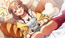 Rule 34 | 1girl, absurdres, animal ears, baguette, bed, blush, bone hair ornament, braid, bread, breasts, brown hair, chocolate cornet, cleavage, collar, collarbone, commentary, controller, dog ears, dress, dutch angle, fangs, food, game controller, hair between eyes, hair ornament, highres, holding, holding controller, holding game controller, hololive, inugami korone, inugami korone (1st costume), jacket, knees together feet apart, kuma daigorou, listener (inugami korone), looking at viewer, medium breasts, medium hair, off shoulder, on bed, open clothes, open jacket, open mouth, pillow, red collar, red eyes, red socks, ribbed legwear, side braids, sitting, sleeveless, sleeveless dress, smile, socks, solo, stuffed toy, twin braids, virtual youtuber, white dress, yellow jacket