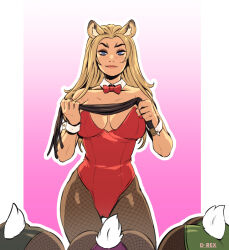 Rule 34 | 4girls, animal ears, ass, bare shoulders, bow, bowtie, breasts, brown leotard, d-rex, detached collar, fang, fang out, fishnet pantyhose, fishnets, gradient background, green leotard, highres, holding, large breasts, leotard, lion ears, lion girl, long hair, multiple girls, original, pantyhose, pink background, purple leotard, rabbit girl, rabbit tail, red bow, red bowtie, red leotard, smile, solo focus, tail, top-down bottom-up, white background