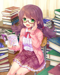 Rule 34 | 1girl, book, book stack, bow, brown-framed eyewear, brown hair, chair, curtains, fang, frills, glasses, green eyes, hair tie, hand on own cheek, hand on own face, indoors, jacket, long hair, looking at viewer, manga (object), official art, open book, otosume ruiko, pink jacket, plaid, plaid skirt, red bow, school chair, sitting, skin fang, skirt, solo, table, wooden floor