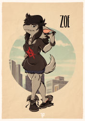 Rule 34 | 1girl, absurdres, anarchy symbol, animal ears, animal nose, black footwear, black hair, black shirt, blue eyes, blue shorts, blue sky, body fur, border, borrowed character, breasts, character name, cleavage, closed mouth, cloud, collarbone, covered erect nipples, crossed legs, english text, female focus, fox-pop vli, full body, furry, furry female, grey fur, hand on own hip, hand up, highres, legs, long hair, looking at viewer, no bra, original, playing with own hair, retro artstyle, sharp teeth, shirt, shoes, short shorts, short sleeves, shorts, sidelocks, sky, small breasts, snout, solo, standing, tail, teeth, watson cross, white border, wolf ears, wolf girl, wolf tail, wristband