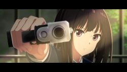 Rule 34 | 1girl, absurdres, aiming, aiming at viewer, black hair, blue dress, closed mouth, collared shirt, commentary request, dress, gun, handgun, highres, holding, holding gun, holding weapon, inoue takina, letterboxed, long hair, long sleeves, looking at viewer, lycoris recoil, lycoris uniform, purple eyes, school uniform, shirt, solo, tbear, upper body, weapon, white shirt