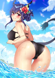Rule 34 | 1girl, arknights, ass, bare arms, bare shoulders, bechu, bent over, bikini, black bikini, blue hair, blue sky, blush, breasts, cameltoe, ch&#039;en (arknights), cloud, commentary request, day, dragon girl, dragon horns, dragon tail, earmuffs, flower, folded ponytail, from behind, hair between eyes, hair flower, hair ornament, hibiscus, highres, horns, korean commentary, looking at viewer, looking back, medium breasts, outdoors, parted lips, red eyes, red flower, short hair with long locks, sidelocks, sky, smile, solo, splashing, swimsuit, tail, thigh gap, thighs, trefoil, water, water drop