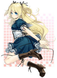 Rule 34 | 1girl, blonde hair, blue eyes, boots, corset, dress, highres, long hair, looking at viewer, original, poo (pitind), short twintails, solo, twintails, two side up, watch, wristwatch