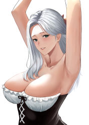 Rule 34 | 1girl, absurdres, armpits, arms up, blue eyes, bow, breasts, cleavage, collarbone, commentary request, corset, cross-laced clothes, forehead, grey hair, grin, hair behind ear, hair over shoulder, highres, large breasts, long hair, looking at viewer, mature female, original, parted bangs, red bow, simple background, smile, solo, strapless, tari (aegr3883), upper body, white background