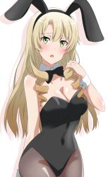 Rule 34 | 1girl, animal ears, black bow, black bowtie, black pantyhose, blonde hair, blush, bow, bowtie, breasts, cleavage, dars (recolors), detached collar, fake animal ears, green eyes, hand up, leotard, long hair, looking at viewer, medium breasts, miura yumiko, navel, open mouth, pantyhose, playboy bunny, rabbit ears, solo, white background, yahari ore no seishun lovecome wa machigatteiru.