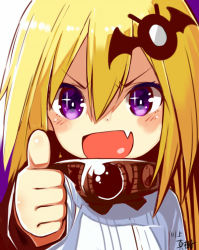 Rule 34 | + +, 1girl, :d, amon patricia, artist name, bat hair ornament, blonde hair, commentary request, fang, floor ni maou ga imasu, hair between eyes, hair ornament, kawakami masaki, looking at viewer, open mouth, purple eyes, simple background, smile, solo, thumbs up