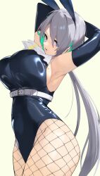 1girl alternate_costume animal_ears aqua_hair armpits arms_up ascot bare_shoulders black_leotard blue_eyes breasts brid_(nikke) commentary_request cowboy_shot fake_animal_ears fishnet_pantyhose fishnets fujisaki_subaru goddess_of_victory:_nikke grey_hair hair_between_eyes hair_over_one_eye highleg highleg_leotard highres large_breasts leotard long_hair looking_at_viewer low_ponytail mole mole_on_breast multicolored_hair pantyhose parted_lips playboy_bunny ponytail rabbit_ears sideboob sidelocks simple_background solo standing two-tone_hair white_ascot