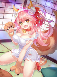 Rule 34 | 1girl, :d, animal ears, animal hands, apron, asanogawa (tutufcc), bell, between legs, blush, bow, breasts, brown eyes, cat hair ornament, cleavage, collar, commentary, dutch angle, fang, fate/grand order, fate (series), fox ears, fox girl, fox tail, frilled apron, frills, gloves, hair between eyes, hair bow, hair ornament, hand between legs, hand up, head tilt, highres, indoors, jingle bell, large breasts, long hair, looking at viewer, maid headdress, naked apron, neck bell, open mouth, paw gloves, paw print, paw shoes, pink hair, red bow, red collar, revision, seiza, shoes, sitting, smile, solo, tail, tamamo (fate), tamamo cat (fate), tamamo cat (third ascension) (fate), v-shaped eyebrows, very long hair, white apron