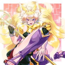 Rule 34 | 1girl, animal ear fluff, animal ears, armor, black gloves, blonde hair, colored tips, commission, digimon, fang, fingerless gloves, fox ears, fox girl, fusion, gerusyu, gloves, gold armor, highres, holding, holding staff, long hair, multicolored hair, namco x capcom, pixiv commission, revealing clothes, sakuyamon, solo, staff, white hair, xiaomu