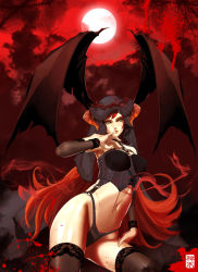 Rule 34 | 1girl, black eyes, blood, corset, crown of thorns, cuts, demon girl, detached sleeves, finger to mouth, full moon, head wings, highres, horns, injury, lace, lingerie, long hair, midriff, mole, mole under eye, moon, navel, original, panties, red hair, red sky, scar, sky, solo, stitched, stitches, thighhighs, third-party edit, ukero, underwear, very long hair, wings