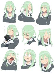 Rule 34 | 1girl, accio, blush, breasts, closed eyes, coat, english text, expressions, frown, gloves, gluttony (deadly sins), green eyes, green hair, grin, highgain (accho), highres, large breasts, long hair, matching hair/eyes, multiple views, open mouth, saliva, seven deadly sins, sharp teeth, simple background, slit pupils, smile, surprised, teeth, tongue, white background