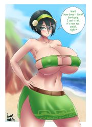 Rule 34 | 1girl, absurdres, alternate breast size, avatar: the last airbender, avatar legends, azraelwebster, bikini, black hair, blind, breasts, cleavage, collarbone, covered erect nipples, cowboy shot, english text, eyepatch bikini, hair bun, hairband, highres, huge breasts, looking at viewer, aged up, sarong, short hair, single hair bun, skindentation, solo, speech bubble, swimsuit, thighs, toph bei fong