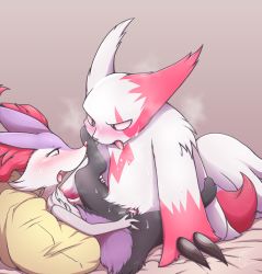 Rule 34 | 1boy, 1girl, alternate color, animal ear fluff, animal ears, animal feet, animal hands, animal nose, artist name, bad id, bad tumblr id, bed sheet, black fur, blush, body fur, braixen, breath, brown background, brown eyes, claws, creatures (company), drooling, erection, eye contact, flat chest, fox boy, fox ears, fox girl, fox tail, from side, furry, furry female, furry male, furry with furry, game freak, gen 3 pokemon, gen 6 pokemon, gradient background, half-closed eyes, happy, hetero, interspecies, kneeling, legs up, looking at another, lying, neck fur, negoya, nintendo, nose blush, on back, open mouth, penis, pillow, pokemon, pokemon (creature), profile, purple fur, pussy, pussy juice, red eyes, red fur, saliva, sex, shiny pokemon, signature, simple background, smile, snout, spread legs, steam, steaming body, sweat, tail, textless version, tongue, tongue out, two-tone fur, uncensored, vaginal, white fur, zangoose