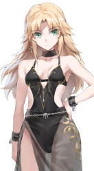 Rule 34 | 1girl, black one-piece swimsuit, blonde hair, bracelet, breasts, chain, choker, collarbone, earrings, fate/grand order, fate (series), gluteal fold, green eyes, hand on own hip, highres, jewelry, lock, long hair, mordred (fate), one-piece swimsuit, padlock, sarong, see-through, sidelocks, simple background, small breasts, solo, swimsuit, thigh gap, tonee, white background, wrist cuffs