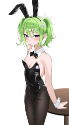 Rule 34 | 1girl, absurdres, animal ears, black bow, black bowtie, black leotard, black pantyhose, bllustration, bow, bowtie, breasts, detached collar, green eyes, green hair, highres, leotard, medium breasts, pantyhose, playboy bunny, rabbit ears, simple background, small breasts, solo, stellive, strapless, strapless leotard, table, virtual youtuber, white background, wrist cuffs, yuzuha riko