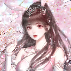 Rule 34 | 1girl, animal ears, blue sky, braid, branch, brown hair, cherry blossoms, douluo dalu, dress, flower, hair ornament, index finger raised, light particles, looking at viewer, parted lips, pink dress, ponytail, rabbit ears, sky, solo, teeth, xiang chenshui yu milu shenlin, xiao wu (douluo dalu)