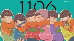 Rule 34 | 10s, 6+boys, arm around shoulder, bad id, bad twitter id, blue background, bowl cut, brothers, brown hair, cat, english text, engrish text, esper nyanko, glasses, hand in pocket, heart, heart in mouth, hood, hoodie, male focus, matsuno choromatsu, matsuno ichimatsu, matsuno jyushimatsu, matsuno karamatsu, matsuno osomatsu, matsuno todomatsu, mikanmochi, multiple boys, osomatsu-kun, osomatsu-san, osomatsu (series), ranguage, scarf, sextuplets, shared clothes, shared scarf, siblings, simple background, smile, sunglasses, twitter username