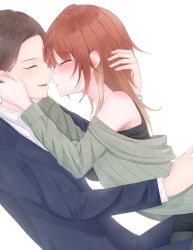 Rule 34 | 1boy, 1girl, aketa mikoto, blush, closed eyes, forehead, formal, hands on another&#039;s face, hetero, highres, idolmaster, idolmaster shiny colors, imminent hug, imminent kiss, jacket, jacket partially removed, producer (idolmaster), ribbed sweater, simple background, ssrg srrg, suit, sweater, sweater jacket, white background