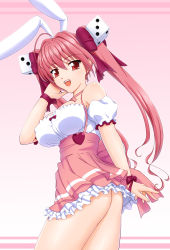 Rule 34 | 1girl, animal ears, ass, bow, bowtie, breasts, rabbit ears, di gi charat, dice, dress, female focus, gaen, hair bow, cube hair ornament, hair ornament, heart, large breasts, long hair, looking at viewer, looking back, naughty face, no panties, open mouth, pink hair, red eyes, ribbon, smile, solo, twintails, usada hikaru