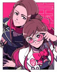 Rule 34 | 2girls, ace attorney, adjusting eyewear, badge, black vest, border, bow, bowtie, brown hair, button badge, buttons, closed mouth, coat, colored inner hair, double-breasted, ema skye, grey eyes, hair bun, hand on eyewear, highres, lana skye, lapels, long hair, looking at another, medal, multicolored hair, multiple girls, outside border, pink-tinted eyewear, pink background, pink bow, pink bowtie, pink hair, pink scarf, scarf, shino (shino dgs), siblings, sidelocks, simple background, sisters, sleeves rolled up, smile, swept bangs, tinted eyewear, two-tone hair, vest, watch, white-framed eyewear, white border, white coat, wristwatch